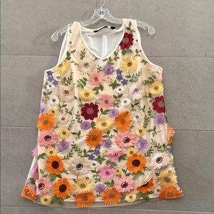 Dennis Basso Floral Sleeveless Top with Multicolor Embroidery Size L nwot